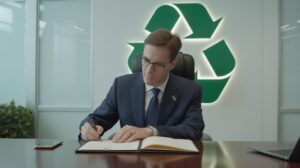 Dokumenty dotyczące nowej ustawy o opłacie produktowej 2025 dla organizacji odzysku opakowań leżące na biurku obok kalkulatora