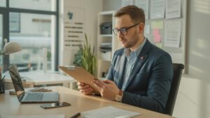 Biuro z dokumentami i kalkulatorem - wizualizacja czy Twoja firma powinna być w BDO, ocena obowiązków rachunkowych