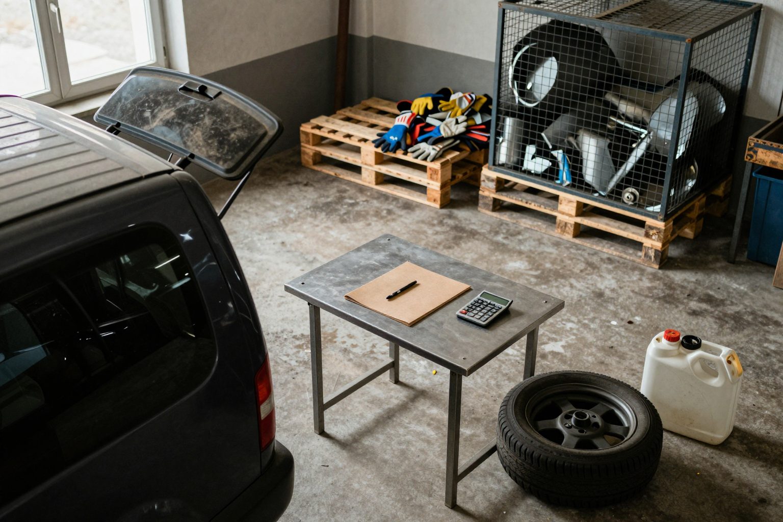 Plac warsztatu: furgonetka, teczka z kalkulatorem na stalowym stole i pusty kanister obok koła