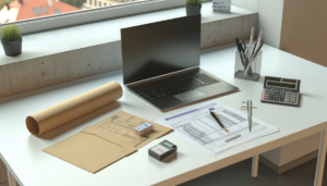 Obsługa BDO firma budowlana — dokumenty ewidencji odpadów budowlanych i laptop z formularzem KPO