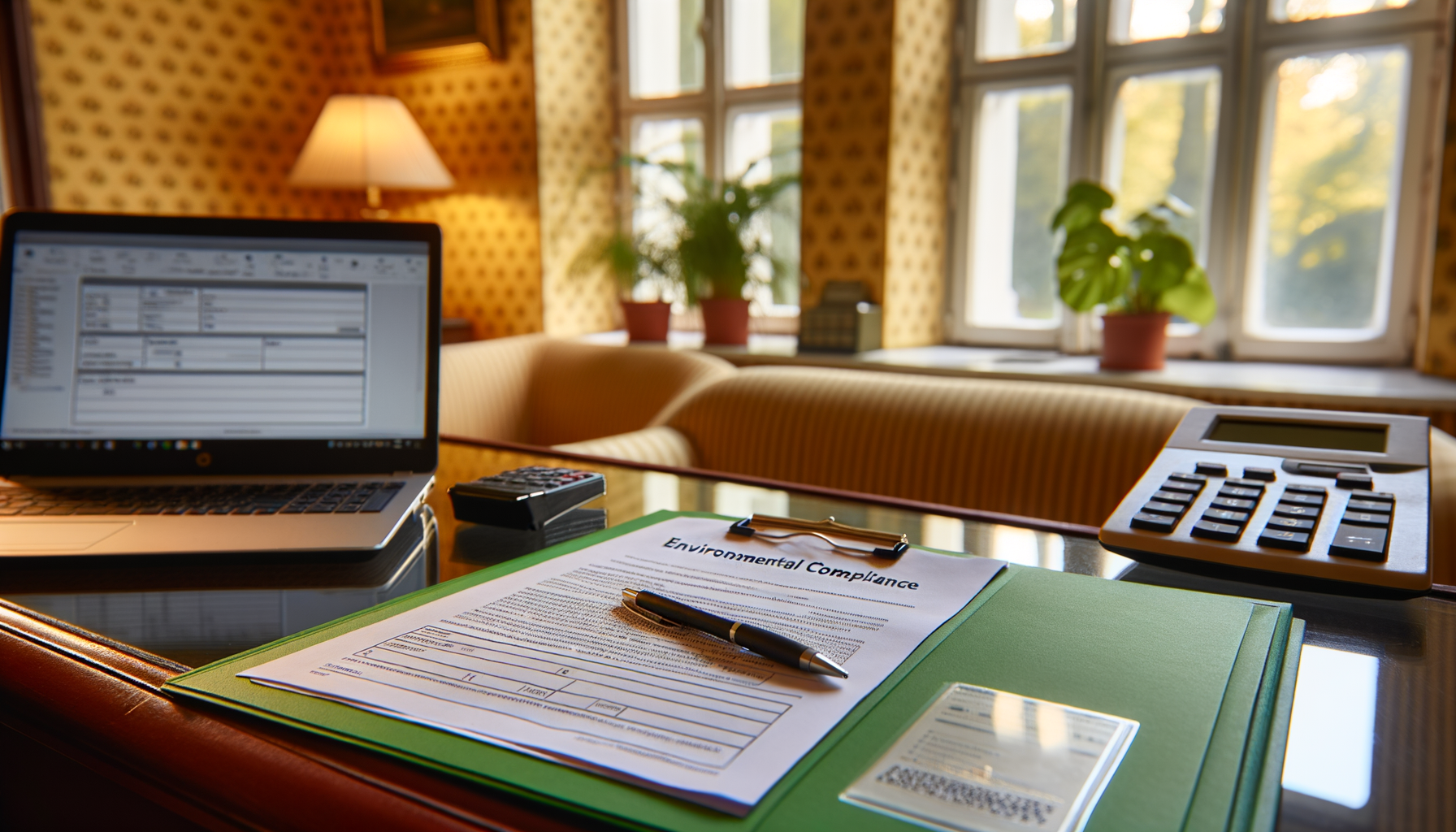 Obsługa BDO hotel pensjonat — dokumenty środowiskowe i laptop na biurku recepcji