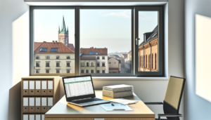 Obsługa BDO Toruń – jak wygląda współpraca: biurko z dokumentami i laptopem na tle panoramy miasta
