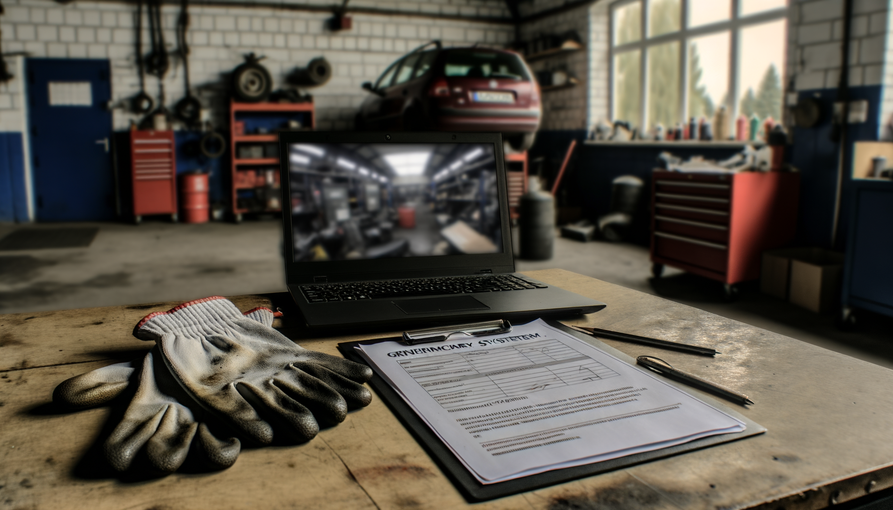 Obsługa BDO warsztat samochodowy — dokumenty odpadów i laptop z systemem BDO na biurku mechanika