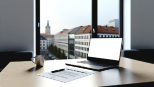 Rejestracja BDO Kielce – biurko z dokumentami BDO, laptop i widok na miasto; kto musi się zarejestrować