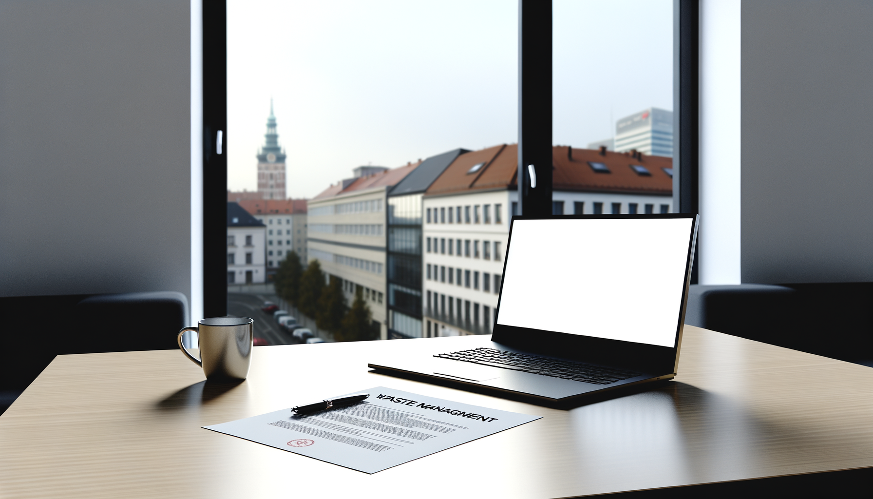Rejestracja BDO Kielce – biurko z dokumentami BDO, laptop i widok na miasto; kto musi się zarejestrować