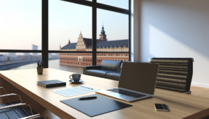 Rejestracja BDO Kraków — biurko z laptopem i dokumentami na tle panoramy miasta
