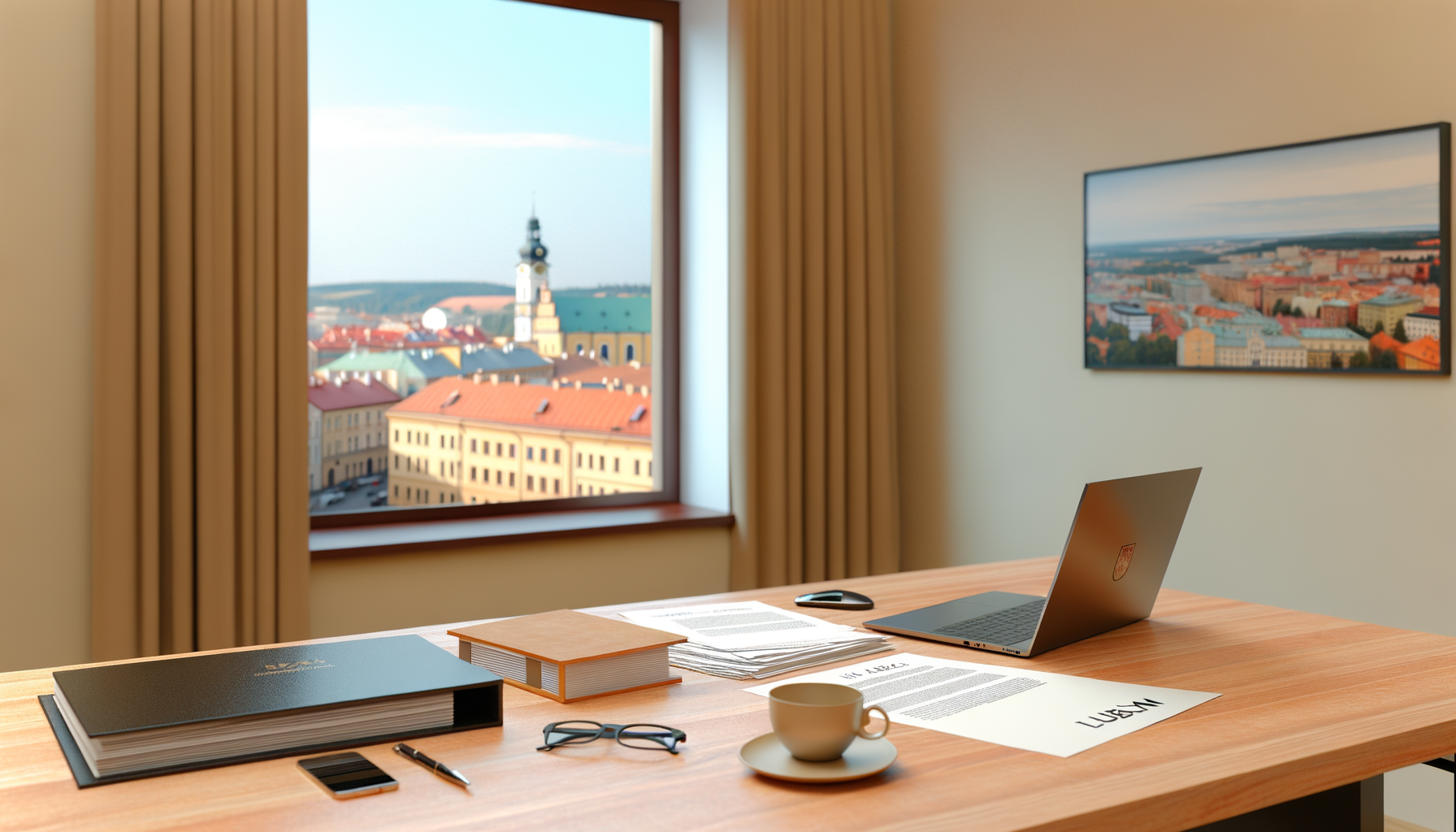Rejestracja BDO Lublin – biurko z laptopem i dokumentami rejestracyjnymi na tle panoramy miasta